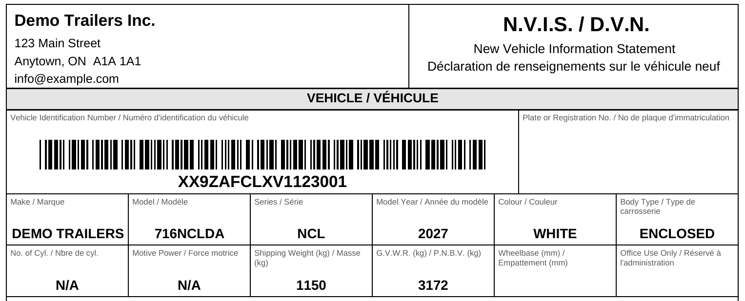 Top of a bilingual NVIS for Demo Trailers Inc. with the VIN barcode for XX9ZAFCLXV1123001, make, model and GVWR