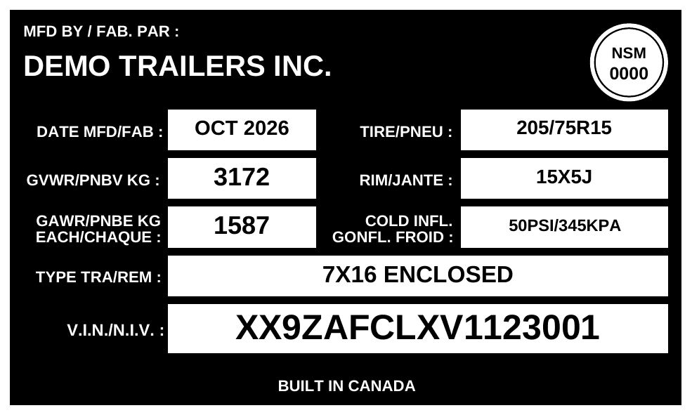 Sample trailer compliance label for Demo Trailers Inc. with GVWR, GAWR, tires and VIN XX9ZAFCLXV1123001